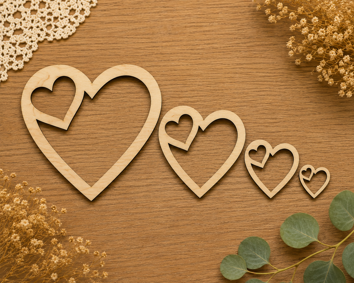 Double Heart Wooden Frame– Laser Cut Plywood Craft Embellishments | 20–50 mm | Packs of 10–100