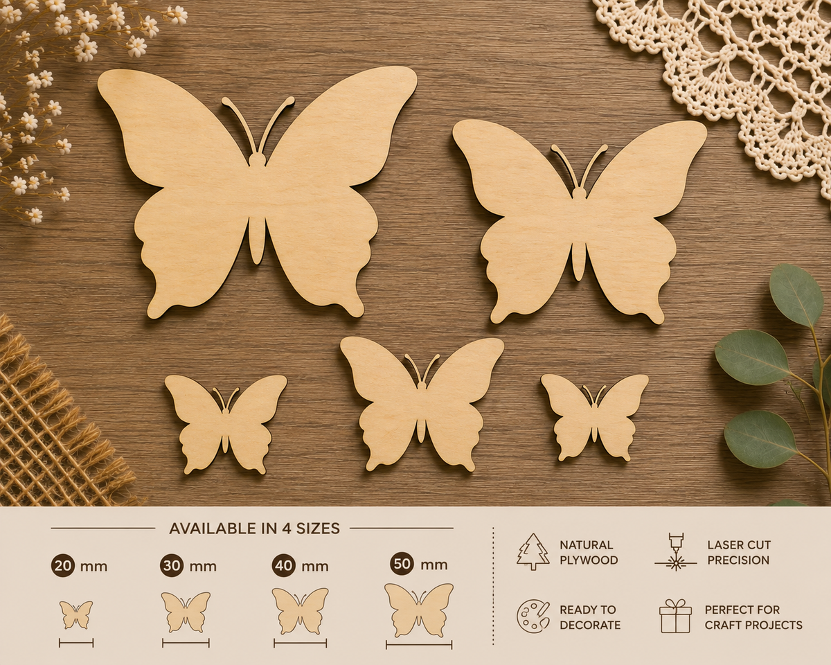 Classic Wooden Butterfly Craft Blanks– Laser Cut Plywood Craft Embellishments | 20–50 mm | Packs of 10–100
