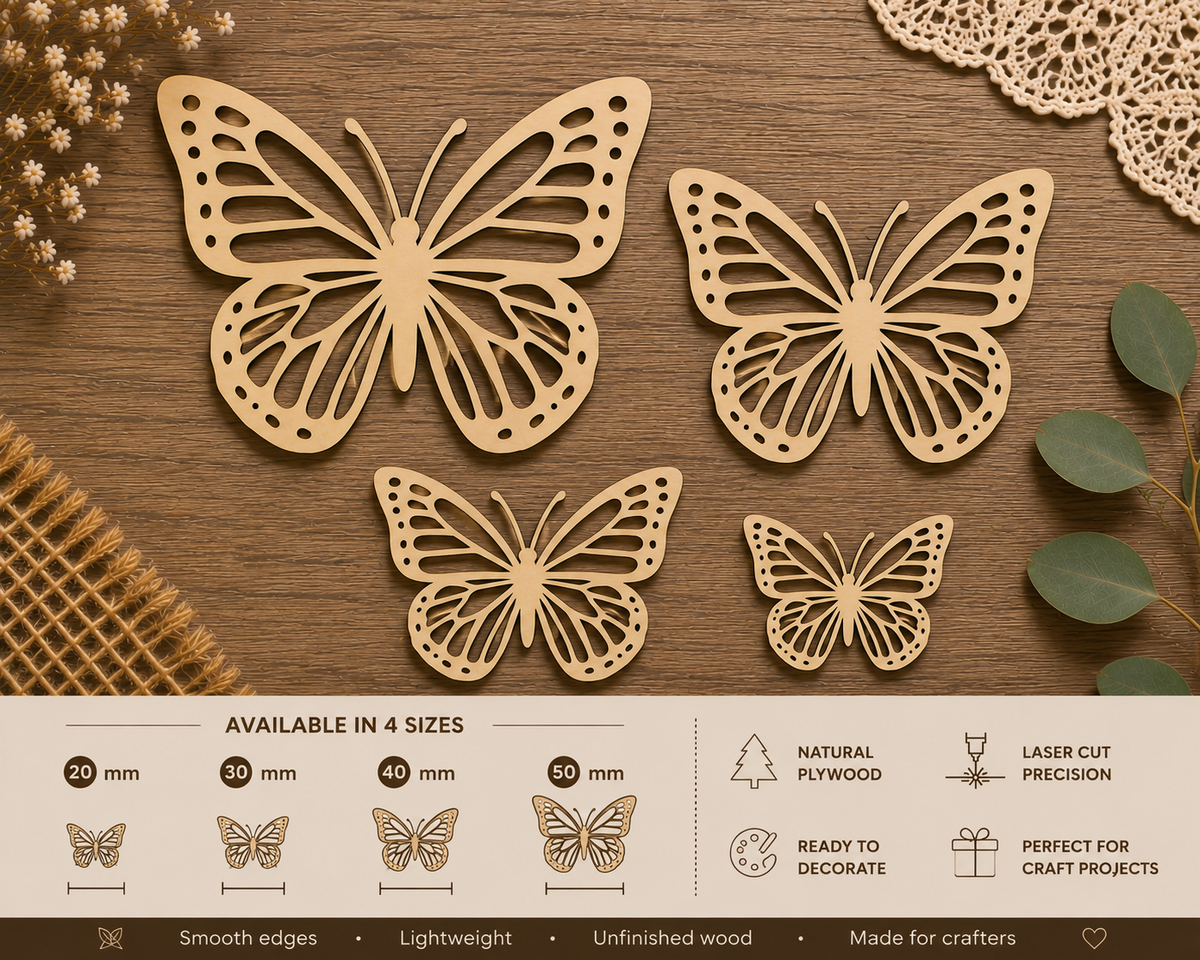 Decorative Wooden Butterfly Craft Blanks– Laser Cut Plywood Craft Embellishments | 20–50 mm | Packs of 10–100