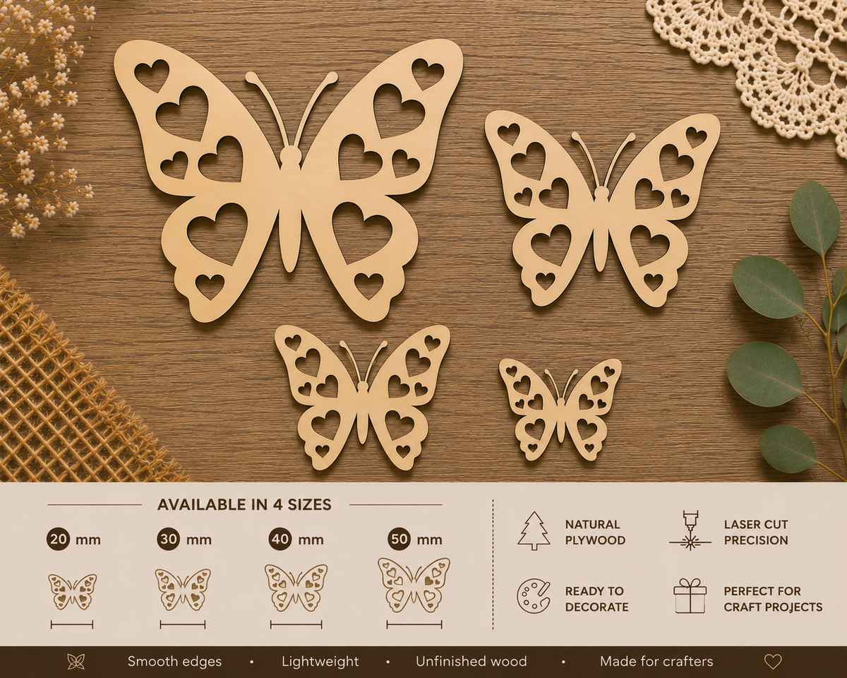 Wooden Butterfly with Heart Cut-Outs– Laser Cut Plywood Craft Embellishments | 20–50 mm | Packs of 10–100