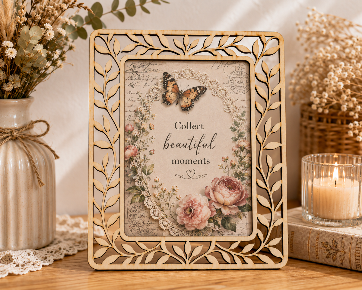 Leaf & Vine Decorative Wooden Frame – Laser Cut Plywood Craft Embellishment