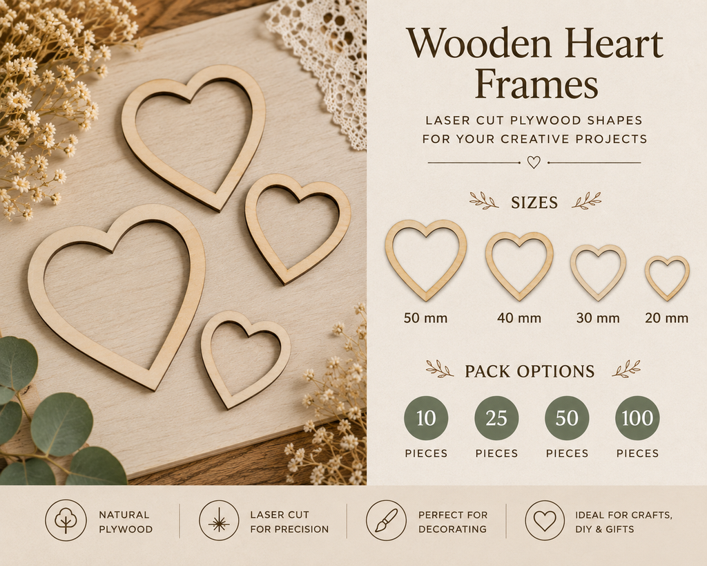 Wooden Heart Frames – Laser Cut Plywood Craft Embellishments | 20–50 mm | Packs of 10–100