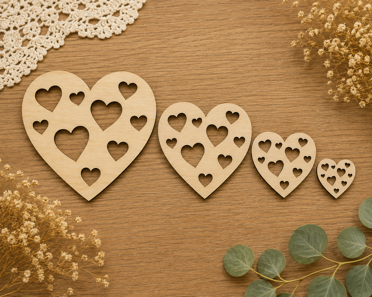 Wooden Heart Craft Blanks with Heart Cut-Outs– Laser Cut Plywood Craft Embellishments | 20–50 mm | Packs of 10–100