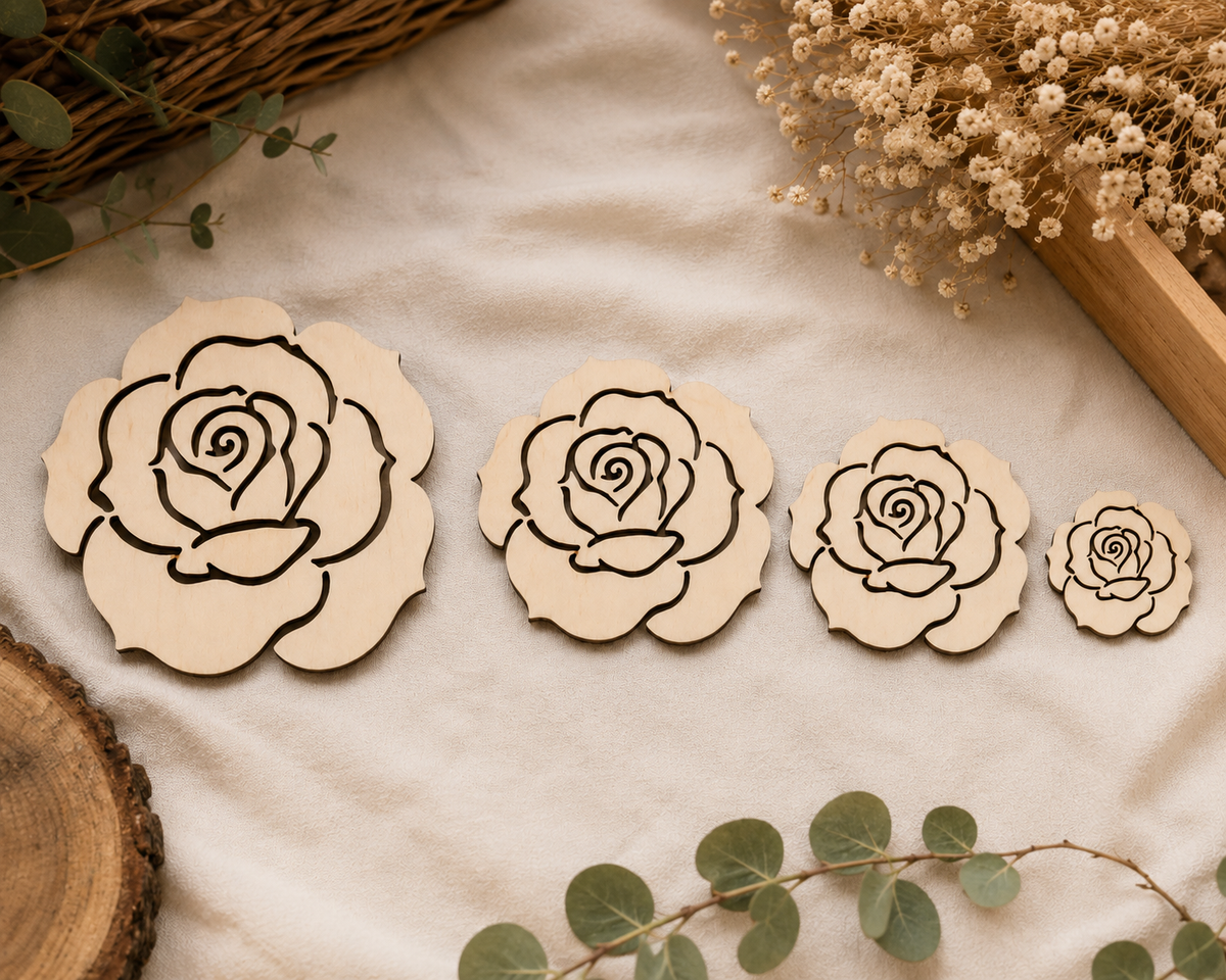 Wooden Rose Craft Shape– Laser Cut Plywood Craft Embellishments | 20–50 mm