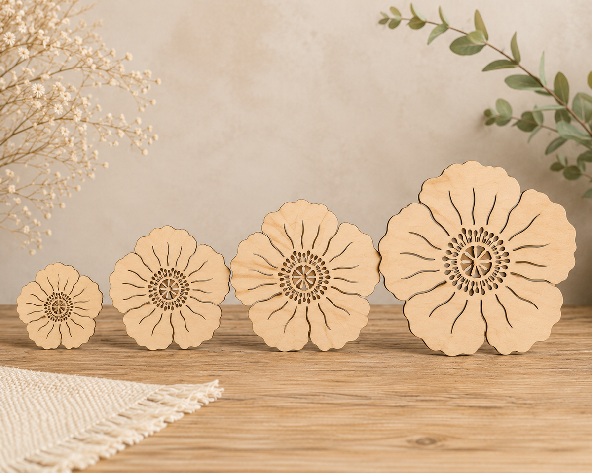 Wooden Poppy Flower Craft Blanks– Laser Cut Plywood Craft Embellishments | 20–50 mm