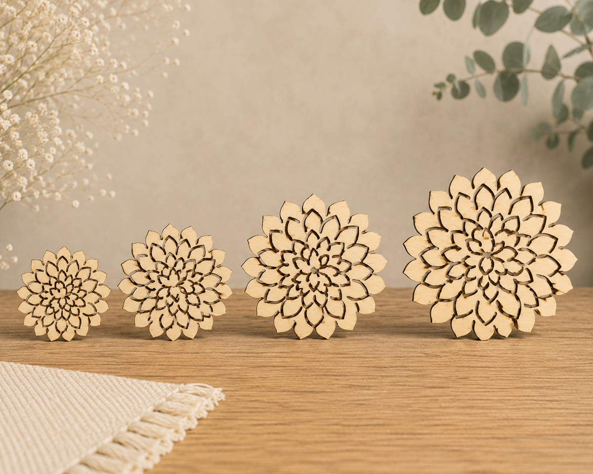 Wooden Dahlia Flowers – Laser Cut Plywood Craft Embellishments | 20–50 mm
