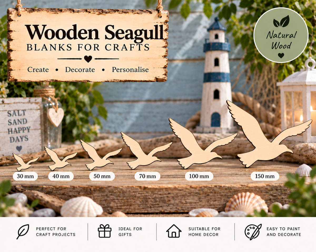 Wooden Flying Seagull Craft Shapes – Laser Cut Plywood Craft Embellishments | 30–150 mm