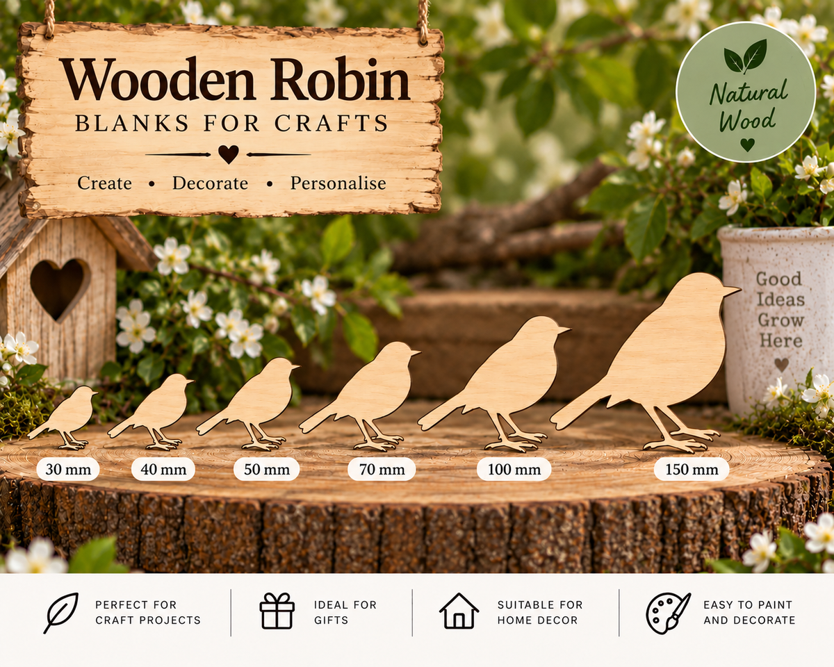 Wooden Robin Craft Shapes– Laser Cut Plywood Craft Embellishments | 30–150 mm