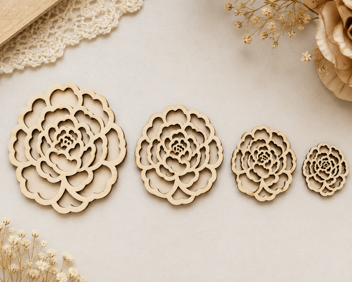 Wooden Peony Flowers – Laser Cut Plywood Craft Embellishments | 20–50 mm