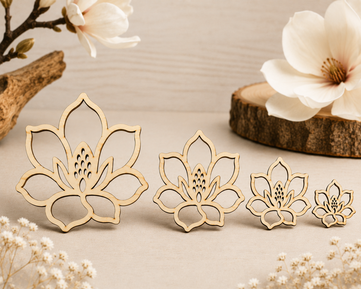 Wooden Magnolia Flowers – Laser Cut Plywood Craft Embellishments | 20–50 mm