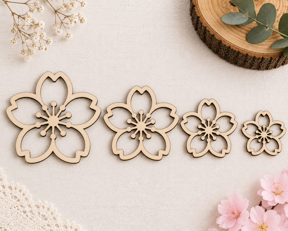 Wooden Cherry Blossom Flowers– Laser Cut Plywood Craft Embellishments | 20–50 mm