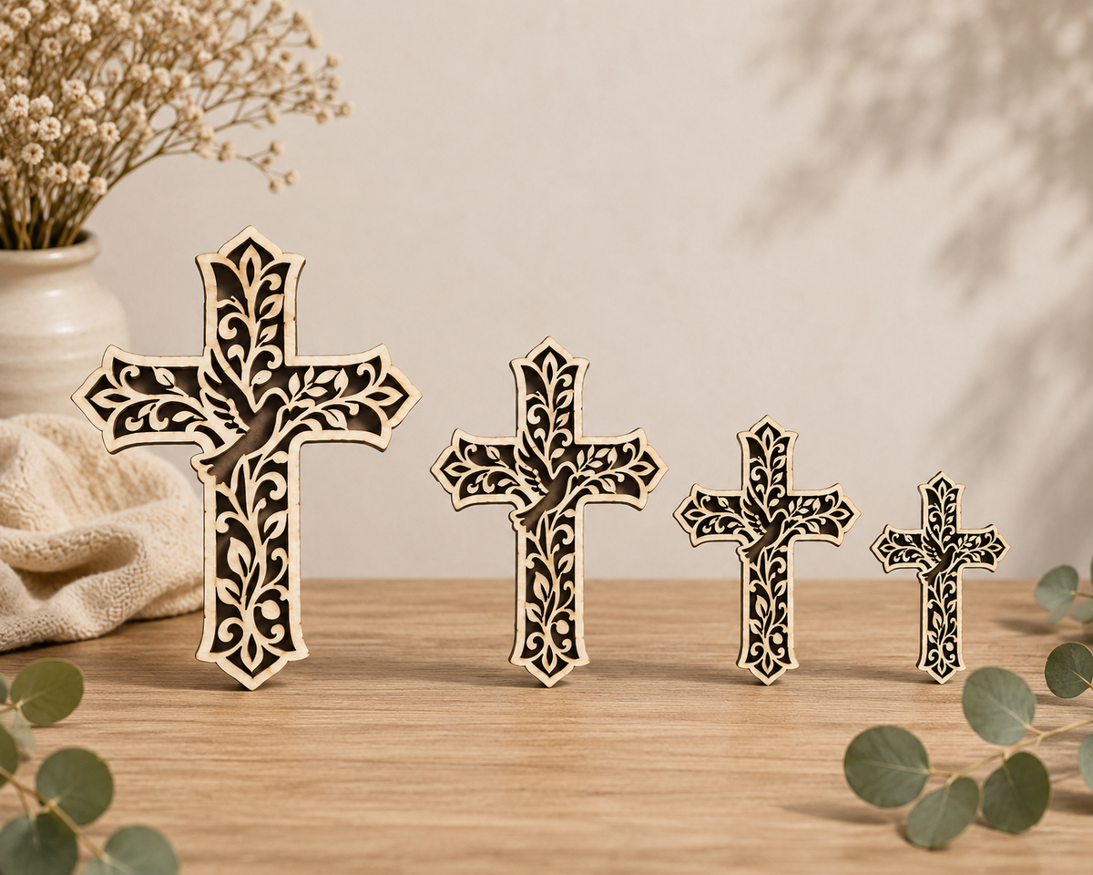 Ornate Floral Cross with Dove– Laser Cut Plywood Craft Embellishments | 40–70 mm | Packs of 10–100