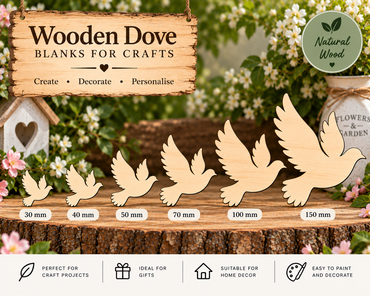 Wooden Dove Craft Shapes– Laser Cut Plywood Craft Embellishments | 30–150 mm