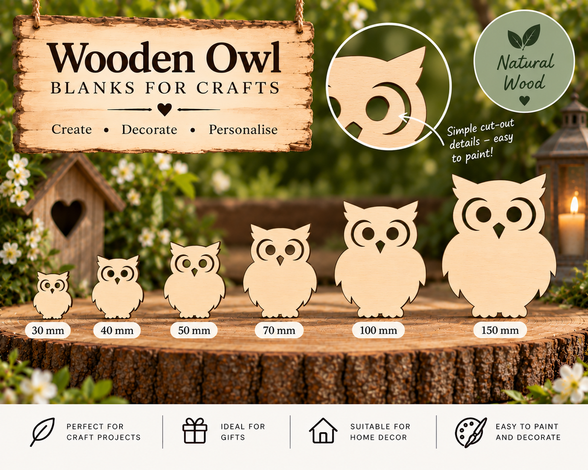 Wooden Owl Craft Shapes– Laser Cut Plywood Craft Embellishments | 30–150 mm
