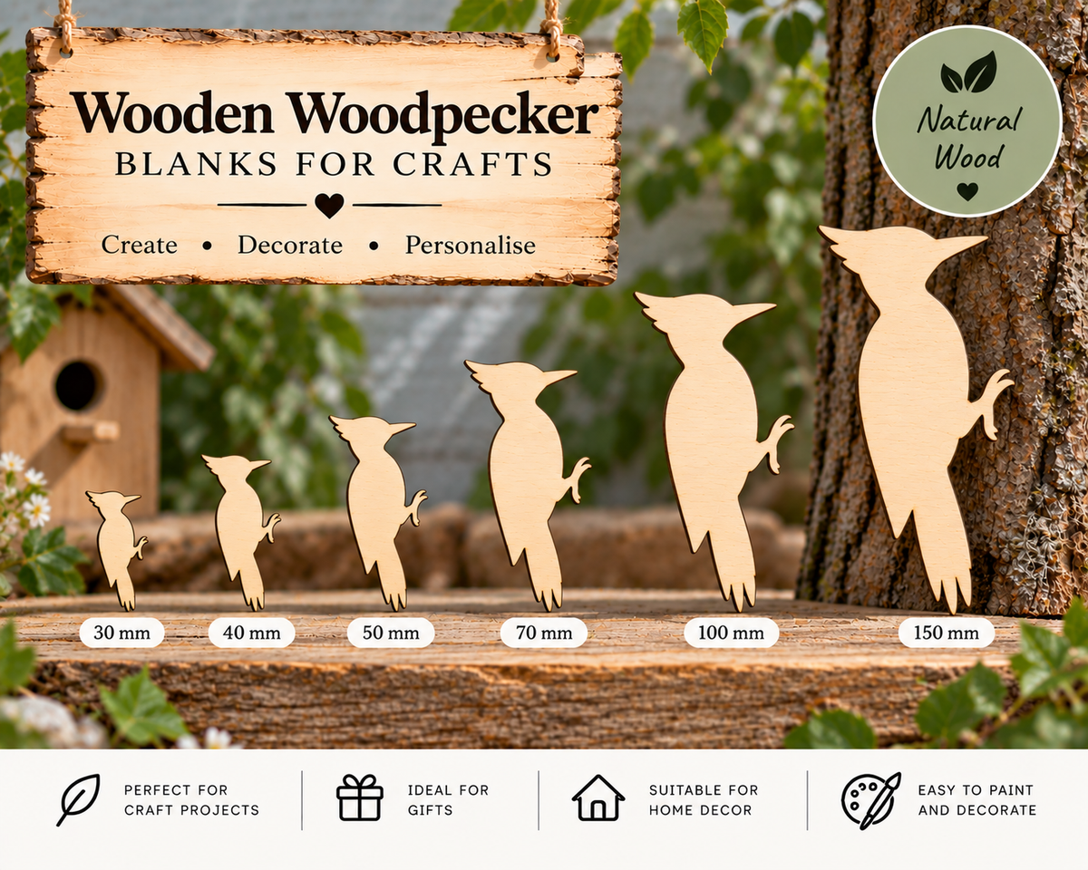 Wooden Woodpecker Craft Shapes – Laser Cut Plywood Craft Embellishments | 30–150 mm
