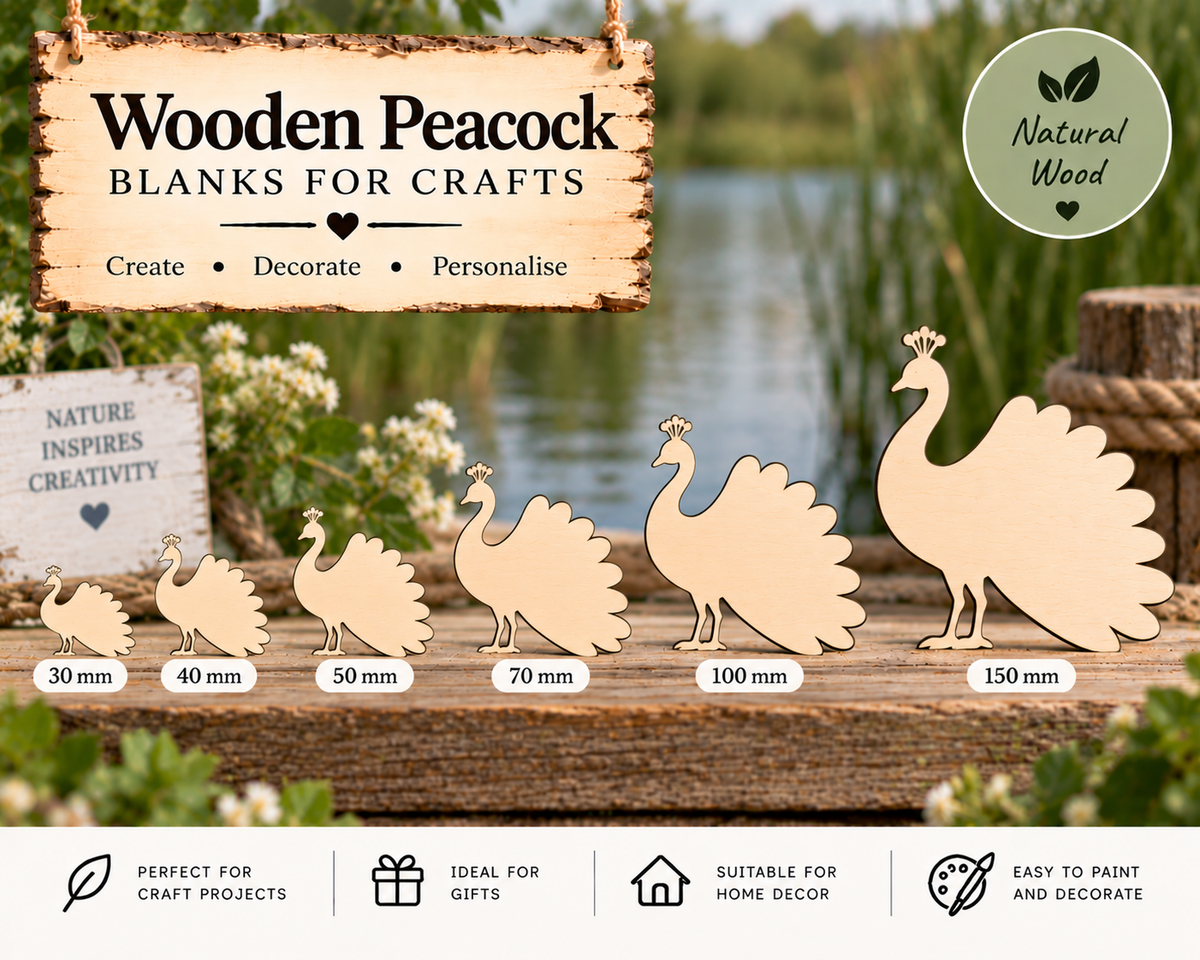 Wooden Peacock Craft Shapes– Laser Cut Plywood Craft Embellishments | 30–150 mm