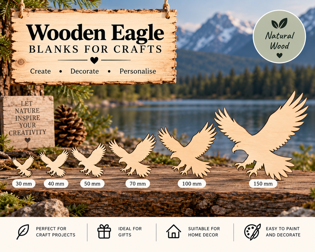 Wooden Flying Eagle Craft Shapes– Laser Cut Plywood Craft Embellishments | 30–150 mm