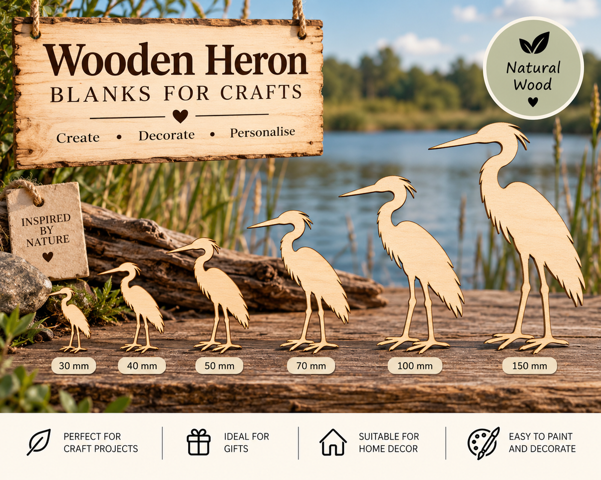 Wooden Heron Craft Shapes– Laser Cut Plywood Craft Embellishments | 30–150 mm