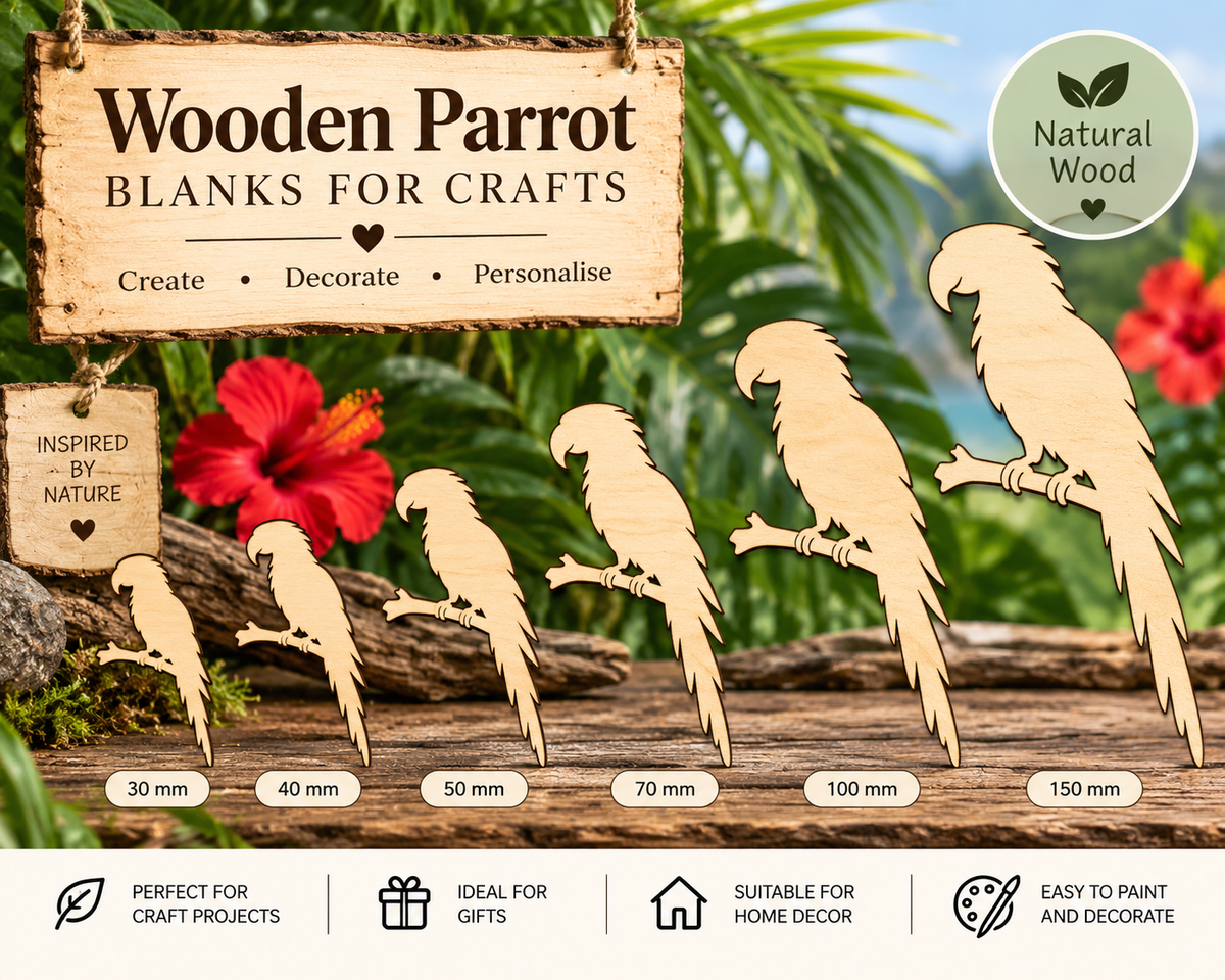 Wooden Parrot Craft Shapes– Laser Cut Plywood Craft Embellishments | 30–150 mm