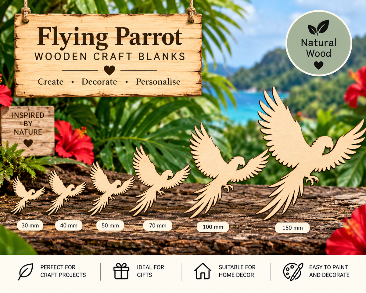 Wooden Flying Parrot Craft Shapes– Laser Cut Plywood Craft Embellishments | 30–150 mm
