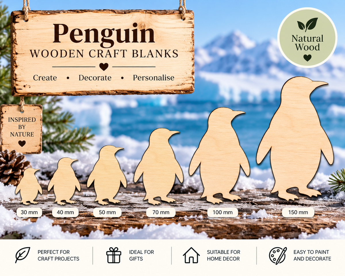 Wooden Penguin Craft Shapes– Laser Cut Plywood Craft Embellishments | 30–150 mm