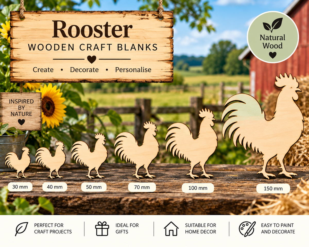 Wooden Rooster Craft Shapes– Laser Cut Plywood Craft Embellishments | 30–150 mm