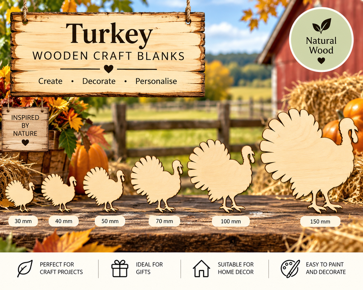 Wooden Turkey Craft Shapes – Laser Cut Plywood Craft Embellishments | 30–150 mm