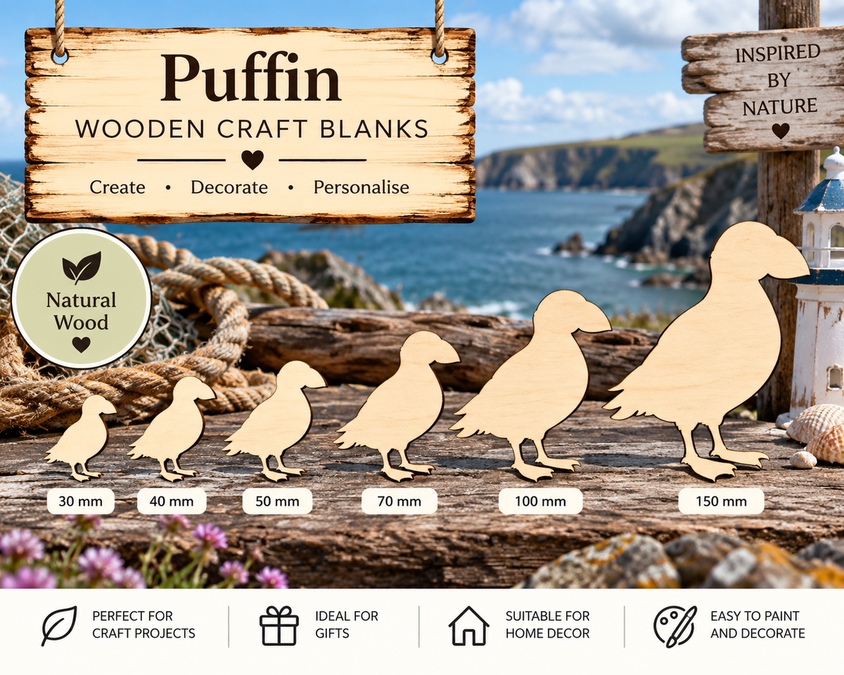 Wooden Puffin Craft Shapes – Laser Cut Plywood Craft Embellishments | 30–150 mm