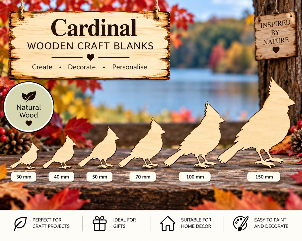 Wooden Cardinal Craft Shapes – Laser Cut Plywood Craft Embellishments | 30–150 mm