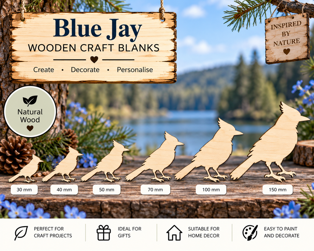 Wooden Blue Jay Craft Shapes – Laser Cut Plywood Craft Embellishments | 30–150 mm