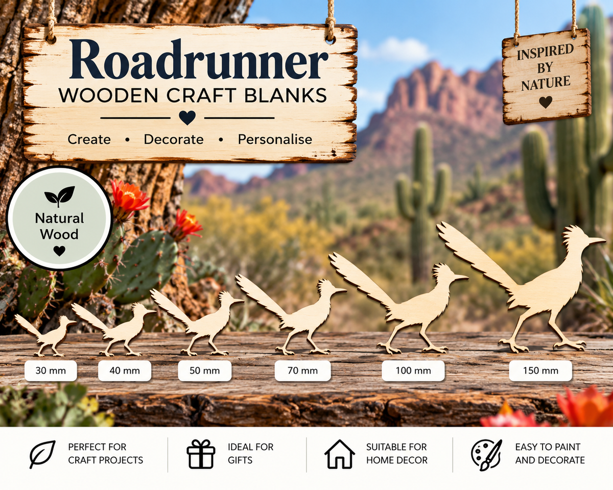 Wooden Roadrunner Craft Shapes – Laser Cut Plywood Craft Embellishments | 30–150 mm