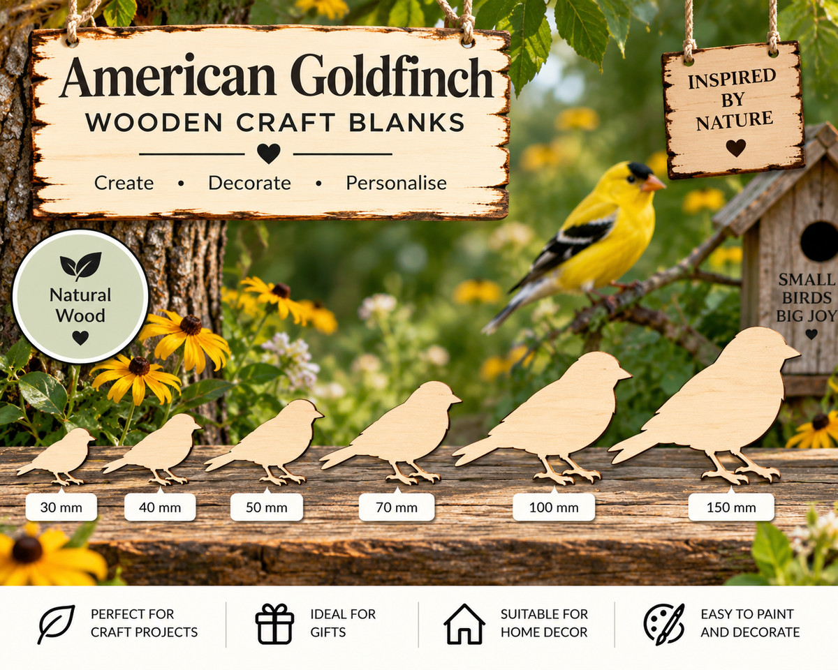 Wooden American Goldfinch Craft Shapes – Laser Cut Plywood Craft Embellishments | 30–150 mm