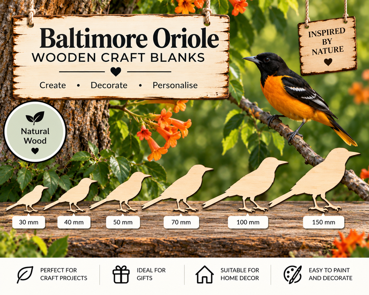 Wooden Baltimore Oriole Craft Shapes – Laser Cut Plywood Craft Embellishments | 30–150 mm