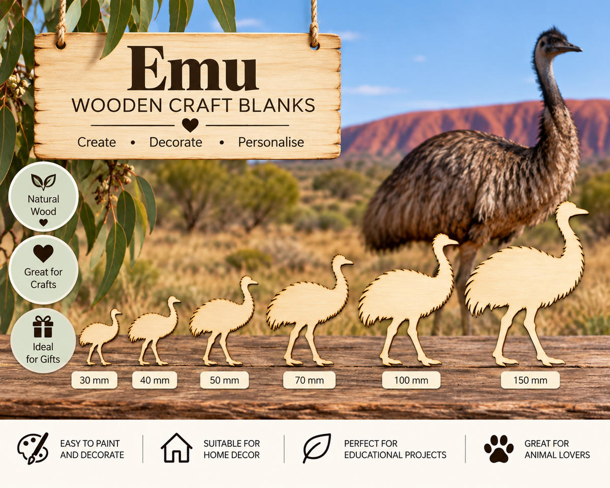 Wooden Emu Craft Shapes – Laser Cut Plywood Craft Embellishments | 30–150 mm