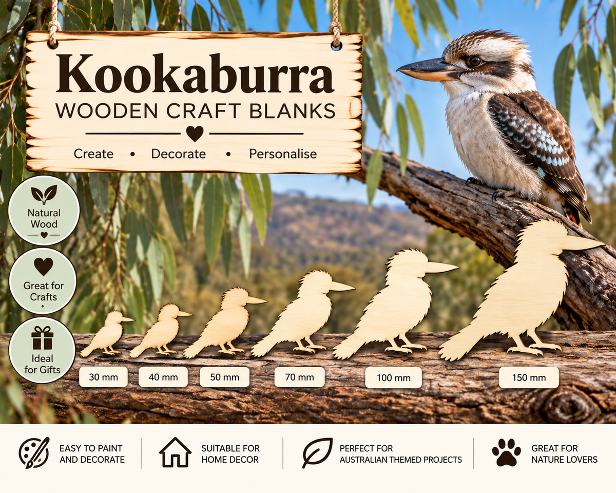 Wooden Kookaburra Craft Shapes – Laser Cut Plywood Craft Embellishments | 30–150 mm