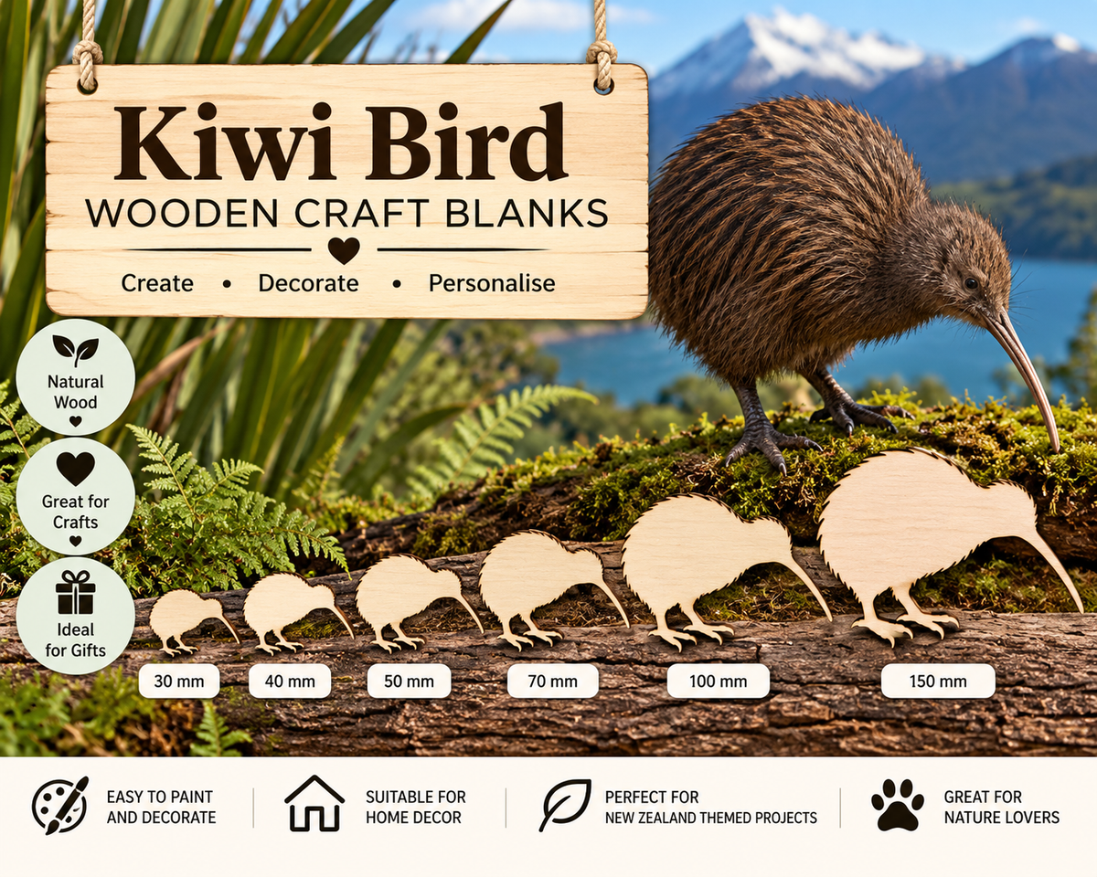 Wooden Kiwi Bird Craft Shapes– Laser Cut Plywood Craft Embellishments | 30–150 mm