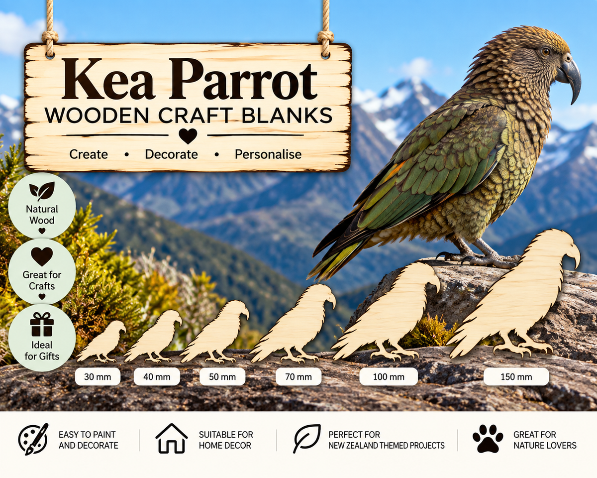 Wooden Kea Parrot Craft Shapes– Laser Cut Plywood Craft Embellishments | 30–150 mm