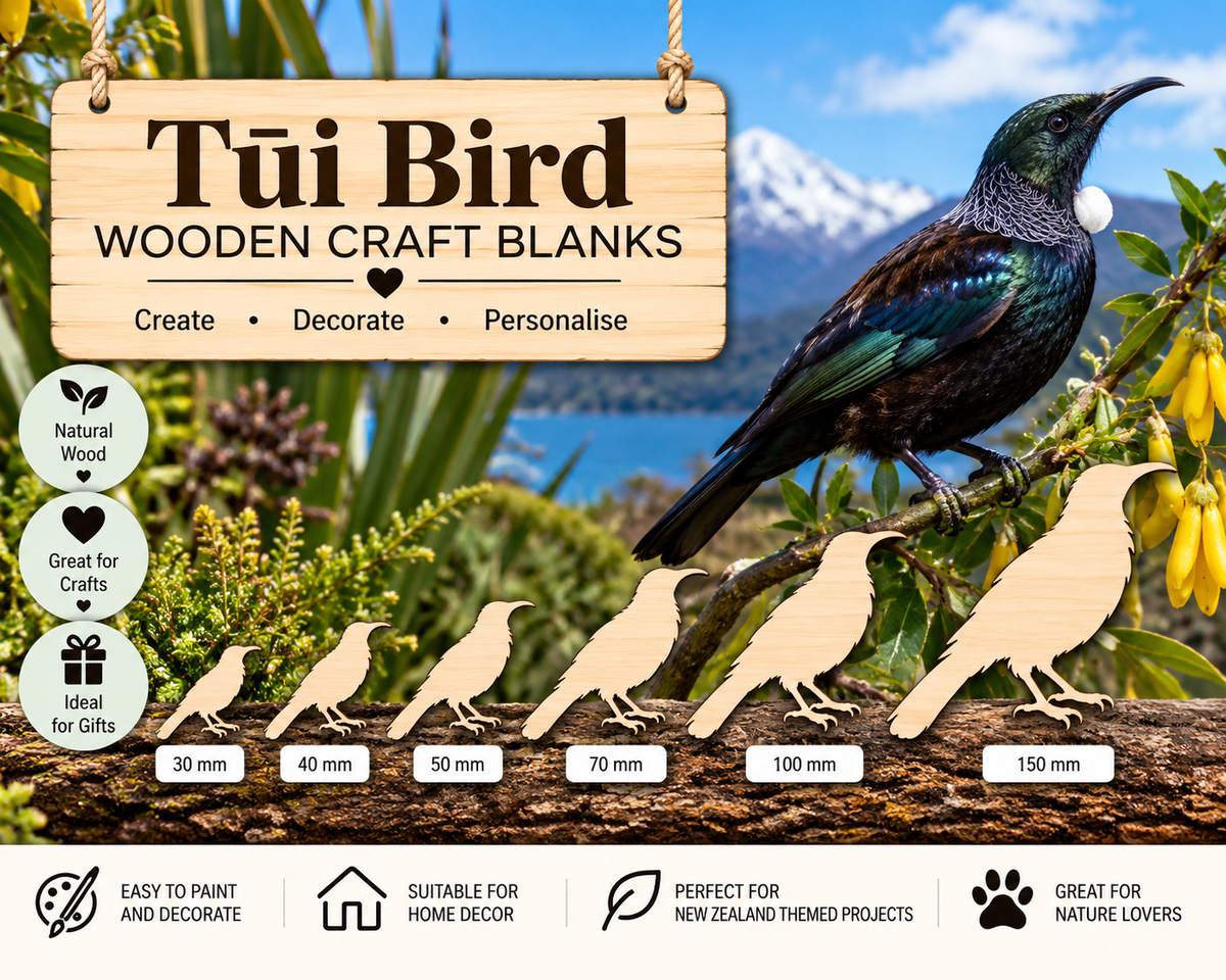 Wooden Tūī Bird Craft Shapes– Laser Cut Plywood Craft Embellishments | 30–150 mm