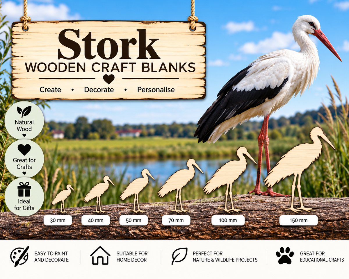 Wooden Stork Craft Shapes– Laser Cut Plywood Craft Embellishments | 30–150 mm