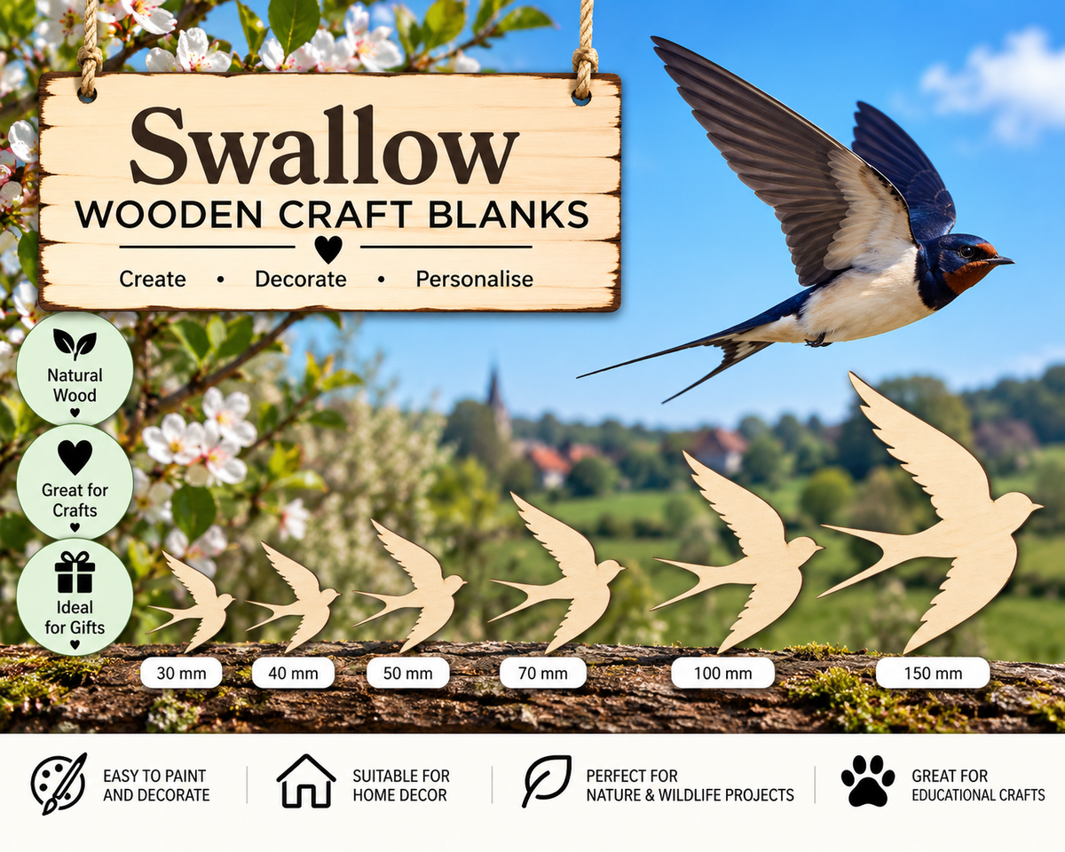 Flying Swallow Wooden Craft Shapes– Laser Cut Plywood Craft Embellishments | 30–150 mm | Packs of 5–100
