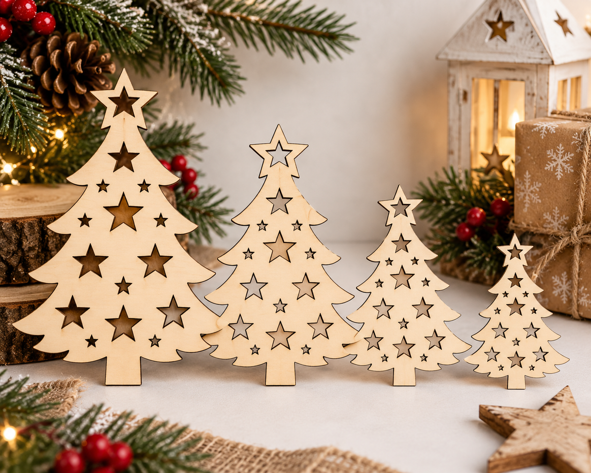 Wooden Christmas Tree with Stars– Laser Cut Plywood Craft Embellishments | 30–150 mm