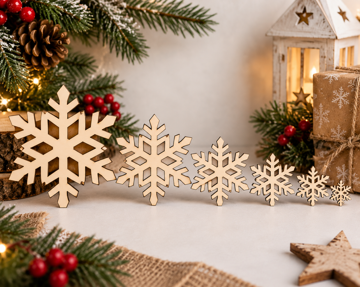 Wooden Snowflake Craft Shape– Laser Cut Plywood Craft Embellishments | 30–150 mm