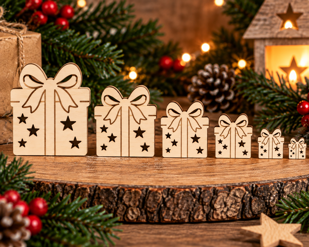 Wooden Christmas Present with Stars– Laser Cut Plywood Craft Embellishments | 30–150 mm