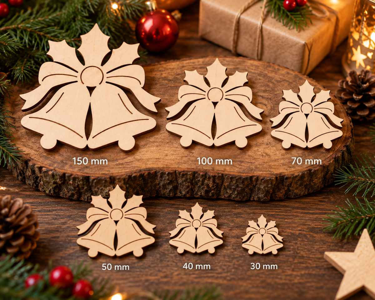 Wooden Double Christmas Bells with Bow & Holly– Laser Cut Plywood Craft Embellishments | 30–150 mm