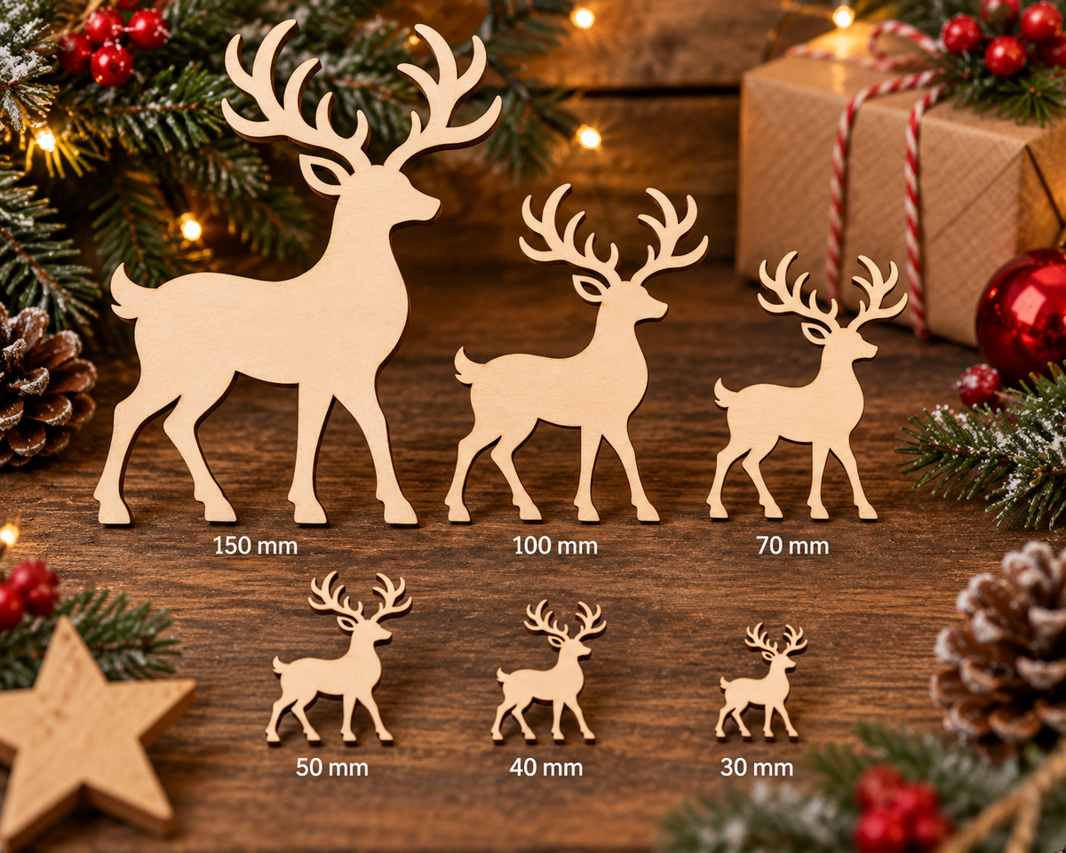 Wooden Christmas Reindeer– Laser Cut Plywood Craft Embellishments | 30–150 mm