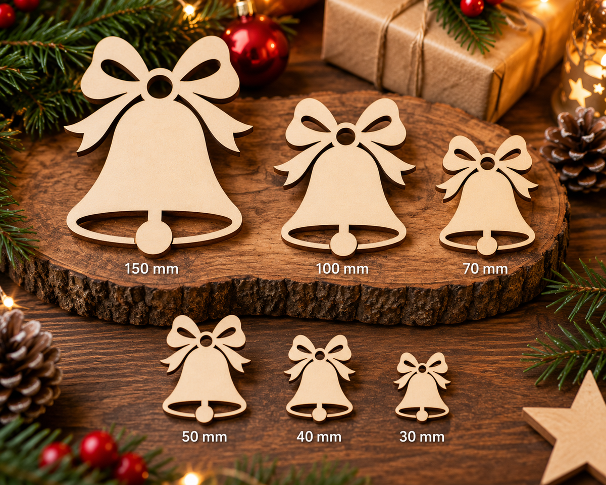 Wooden Christmas Bell with Bow– Laser Cut Plywood Craft Embellishments | 30–150 mm