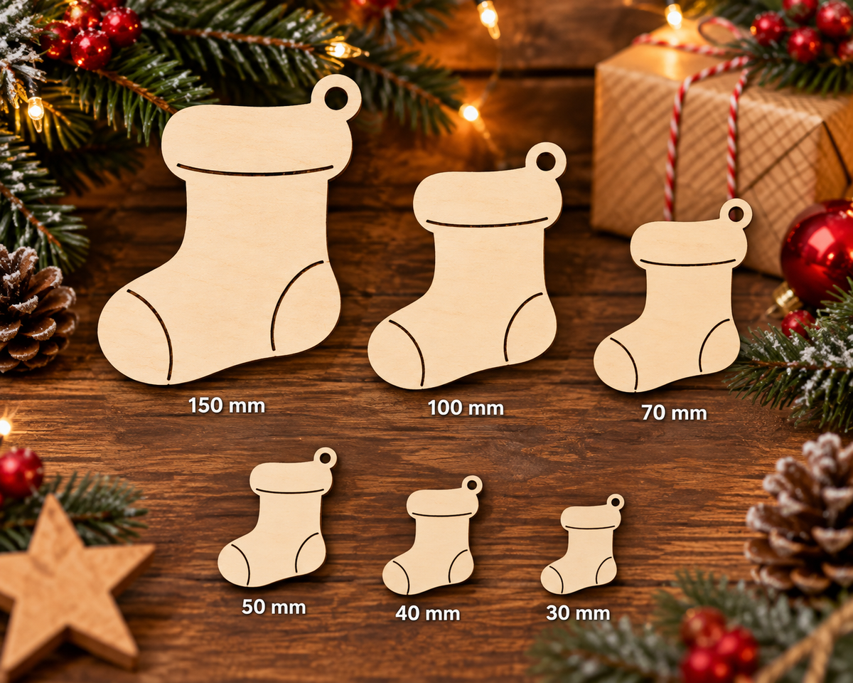 Wooden Christmas Stocking – Laser Cut Plywood Craft Embellishments | 30–150 mm