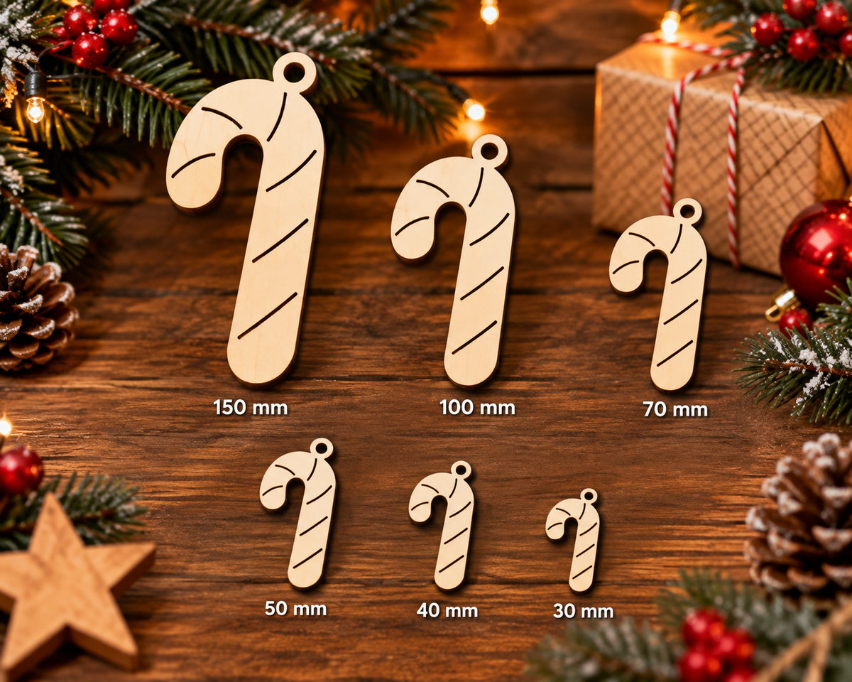 Wooden Candy Cane – Laser Cut Plywood Craft Embellishments | 30–150 mm