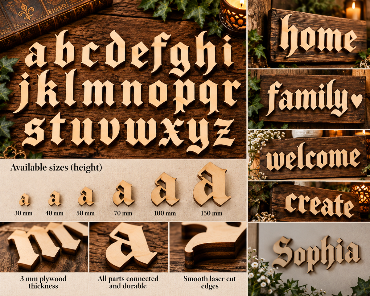 Individual Gothic Wooden Lowercase Letters a - z