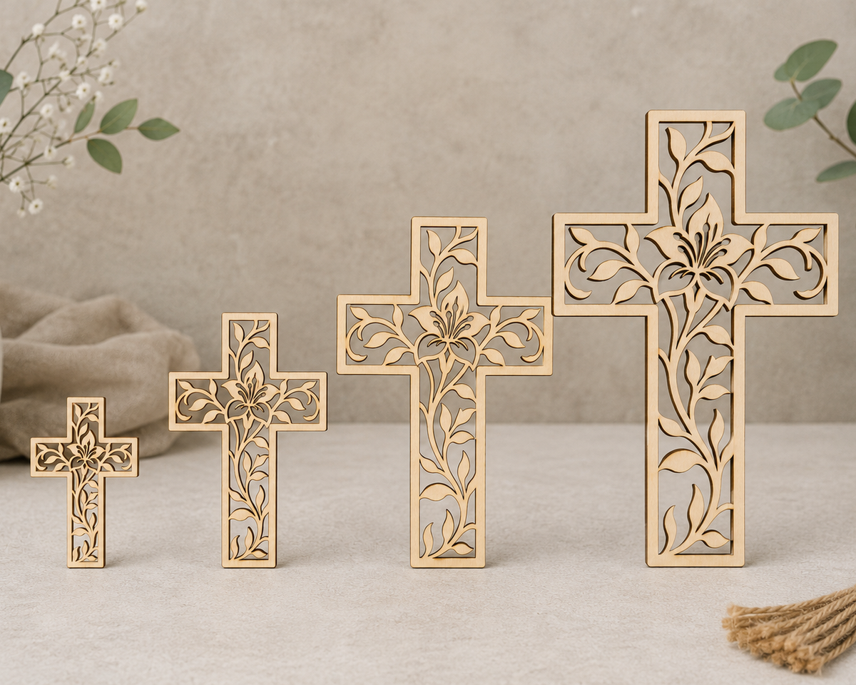 Floral Cross Wooden Craft Blanks– Laser Cut Plywood Craft Embellishments | 40–70 mm | Packs of 10–100